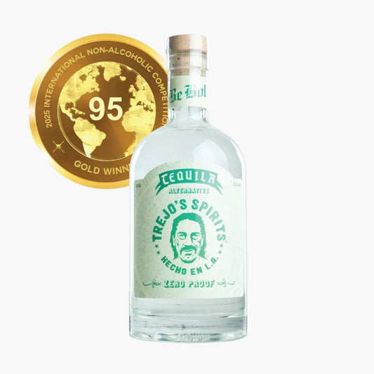 Bottle of Trejo's Spirits tequila with a gold award on a white background
