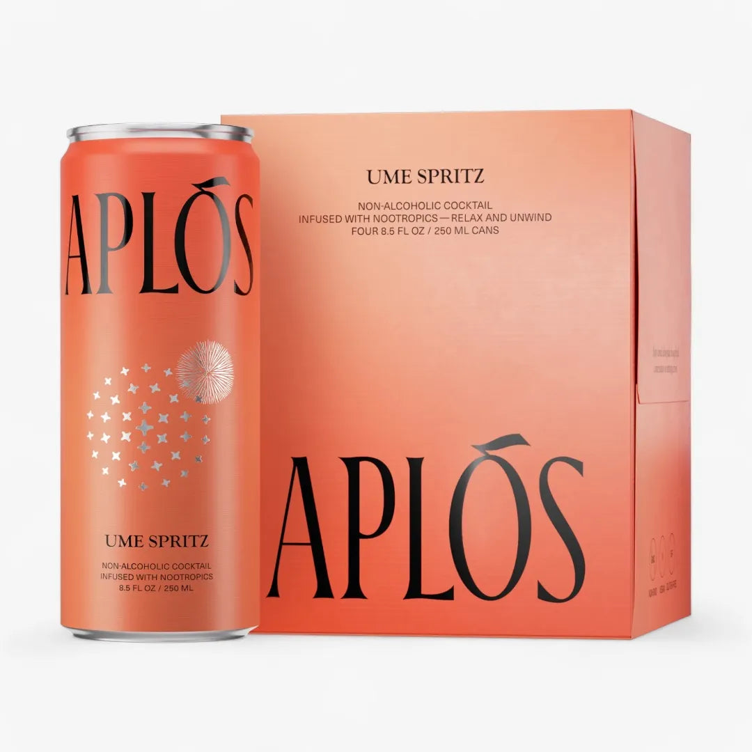 Aplós Ume Spritz non-alcoholic cocktail can and packaging on a white background
