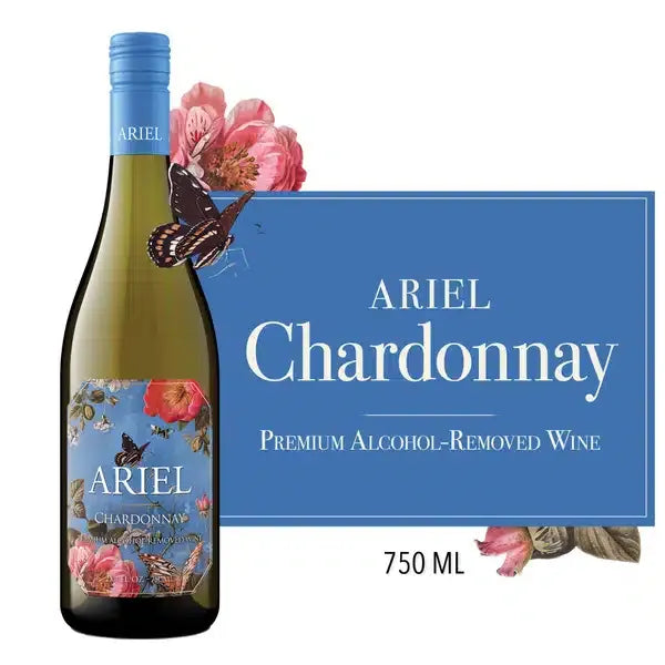 Bottle of Ariel Chardonnay wine with floral and butterfly design on a white background