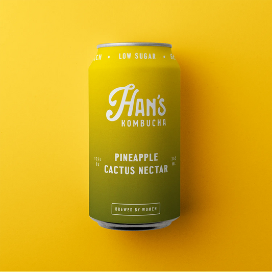 Can of Han's Kombucha Pineapple Cactus Nectar on a yellow background