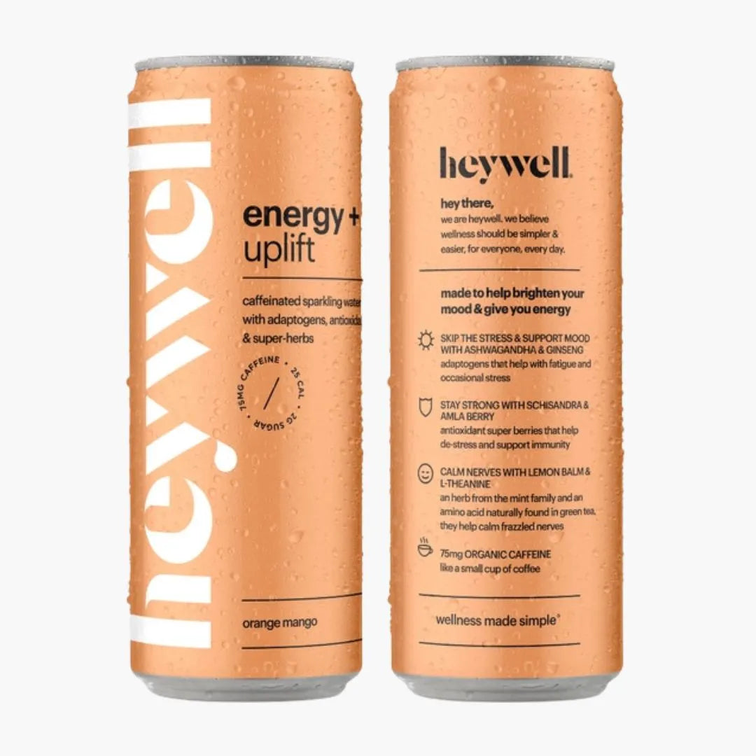 Two cans of heywell energy + uplift drink on a white background