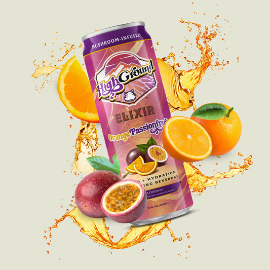 Can of High Ground Elixir Orange Passionfruit with orange slices and passionfruit on a beige background