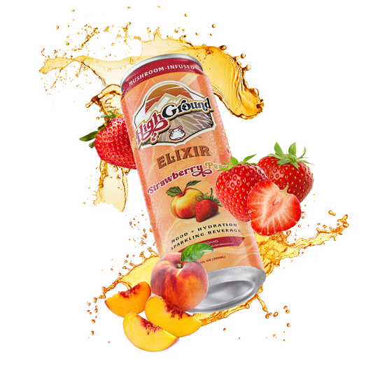 High Ground Elixir Strawberry Peach mushroom-infused drink with fruit graphics on a white background