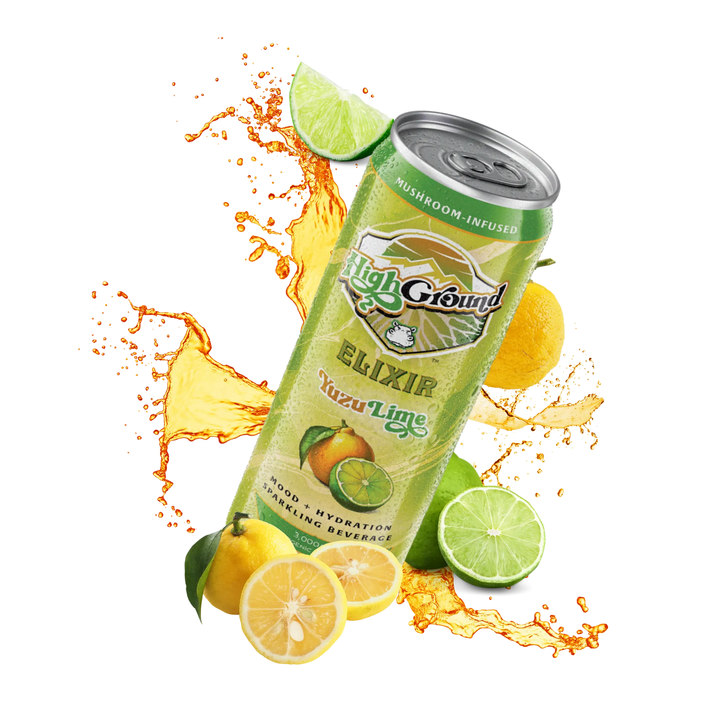 Can of High Ground Elixir Yuzu Lime with lemon and lime slices on a white background