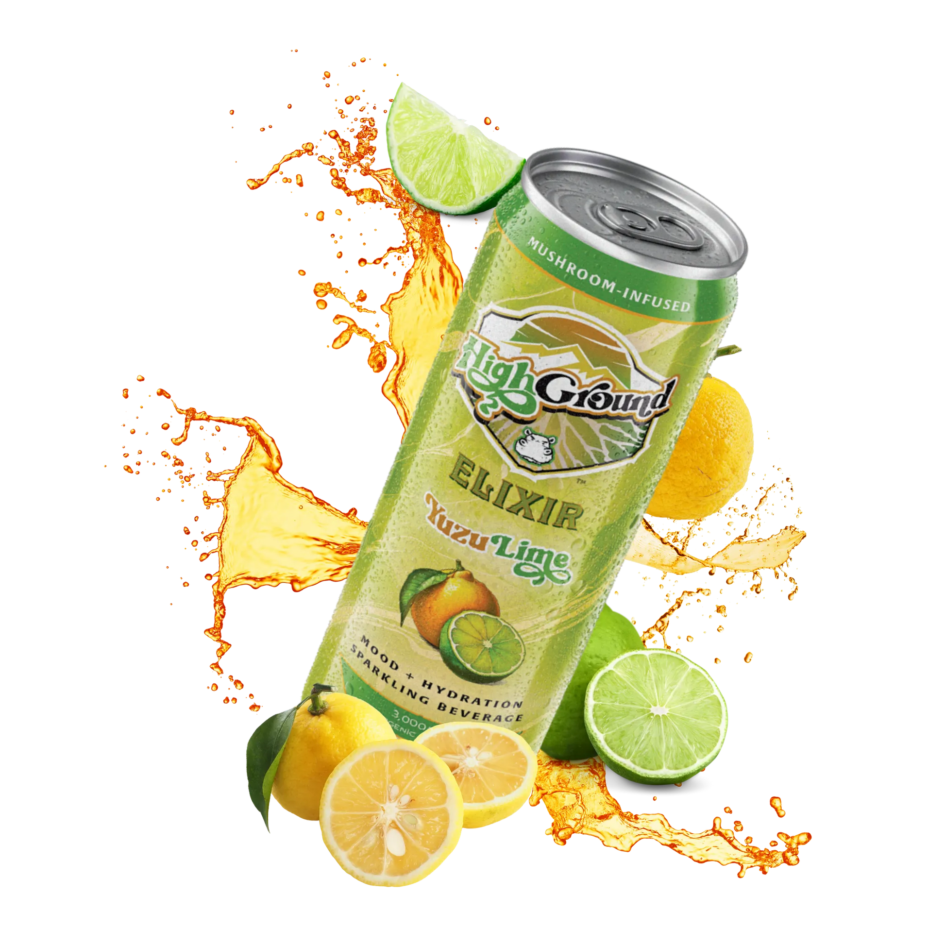 Can of High Ground Elixir Yuzu Lime with lemon and lime slices on a white background