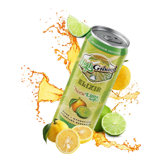 Can of High Ground Elixir Yuzu Lime with lemon and lime slices on a white background