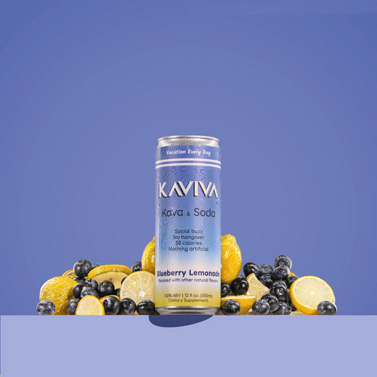 Kaviva Kava & Soda can with blueberry lemonade flavor surrounded by lemons and blueberries on a blue background