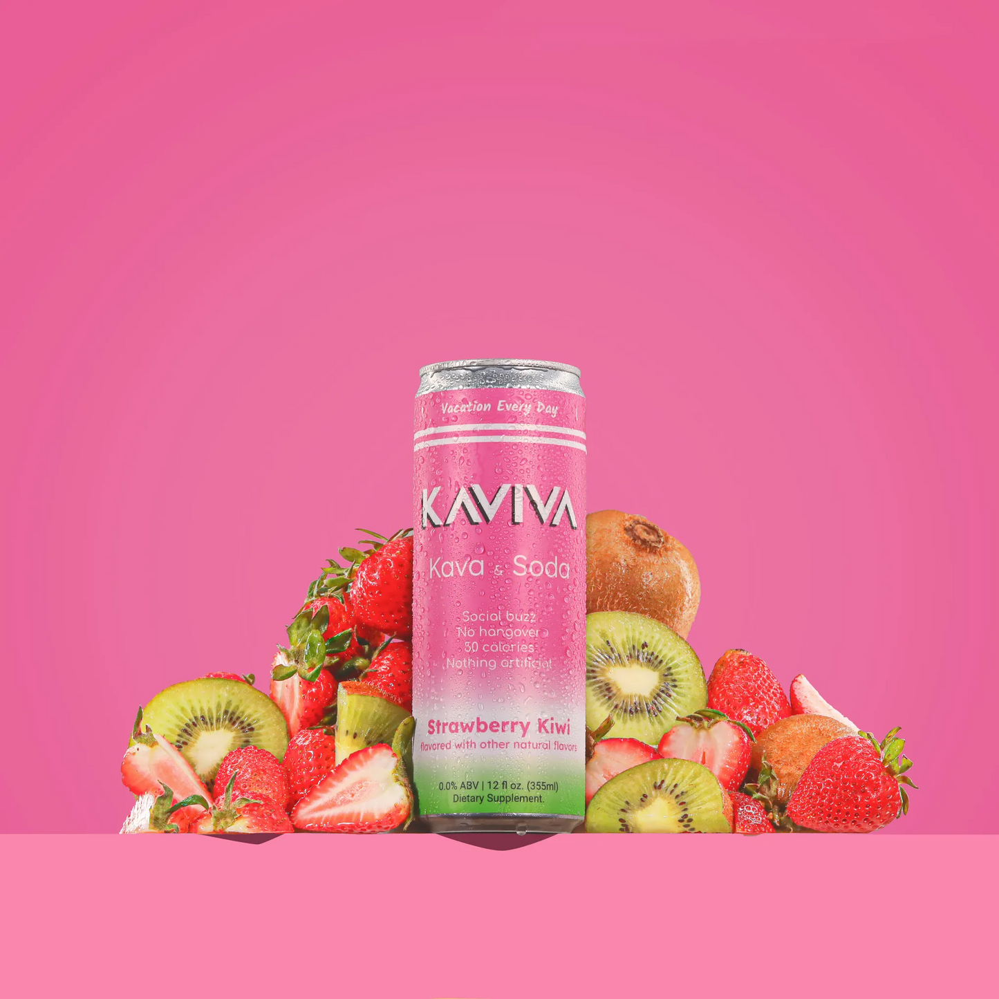 Kava & Soda Strawberry Kiwi can surrounded by strawberries and kiwis on a pink background
