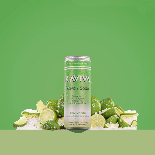 Kaviva Kava & Soda can with lime slices and ice on a green background