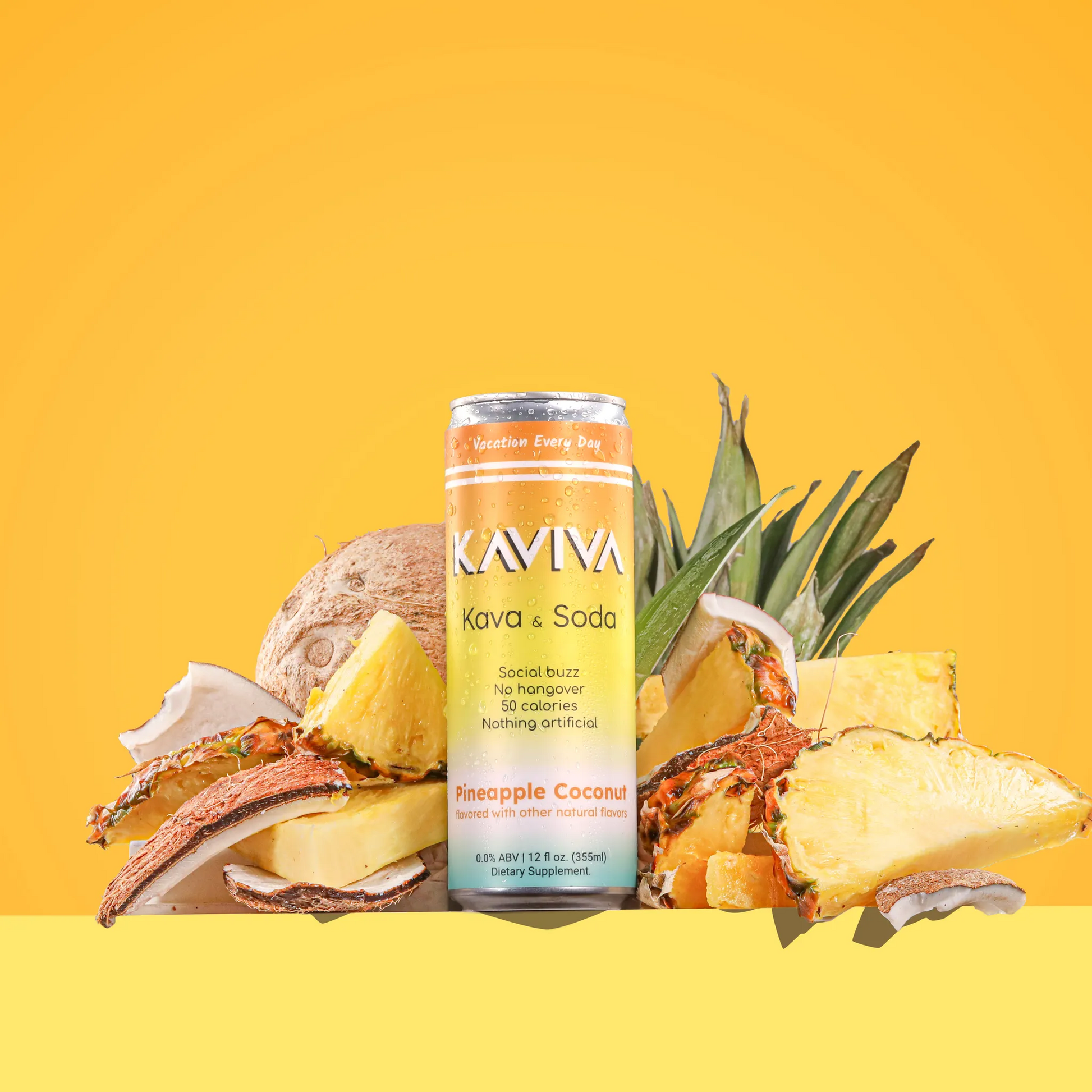 Kaviva Kava & Soda Pineapple Coconut can with pineapple, coconut, and other tropical elements on a yellow background