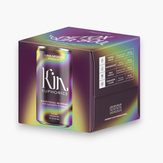 Kin Euphorics can packaging with colorful design on a white background