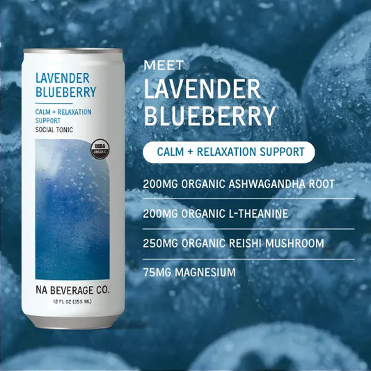 Lavender Blueberry beverage can with ingredient list on a blueberry background