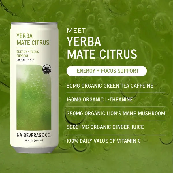 Yerba Mate Citrus energy drink can with product details on a green background