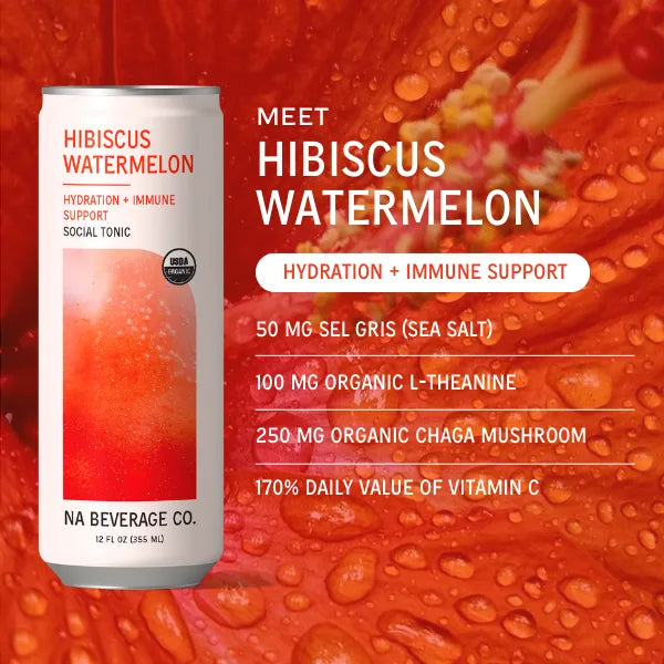 Hibiscus watermelon beverage can with ingredients on a red background