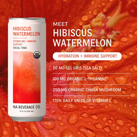 Hibiscus watermelon beverage can with ingredients on a red background