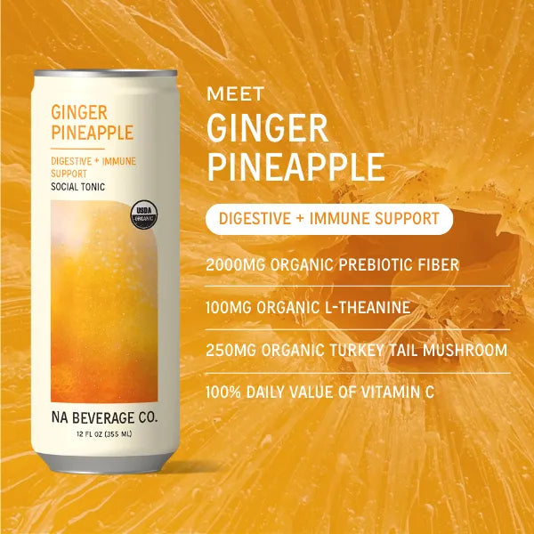 Ginger Pineapple beverage can with health benefits text on an orange background