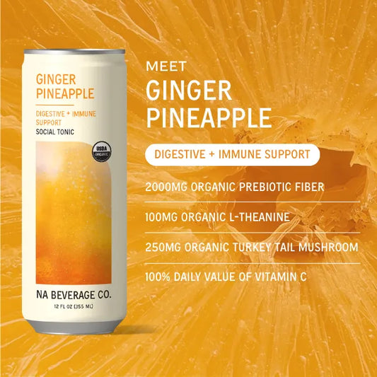 Ginger Pineapple beverage can with health benefits text on an orange background