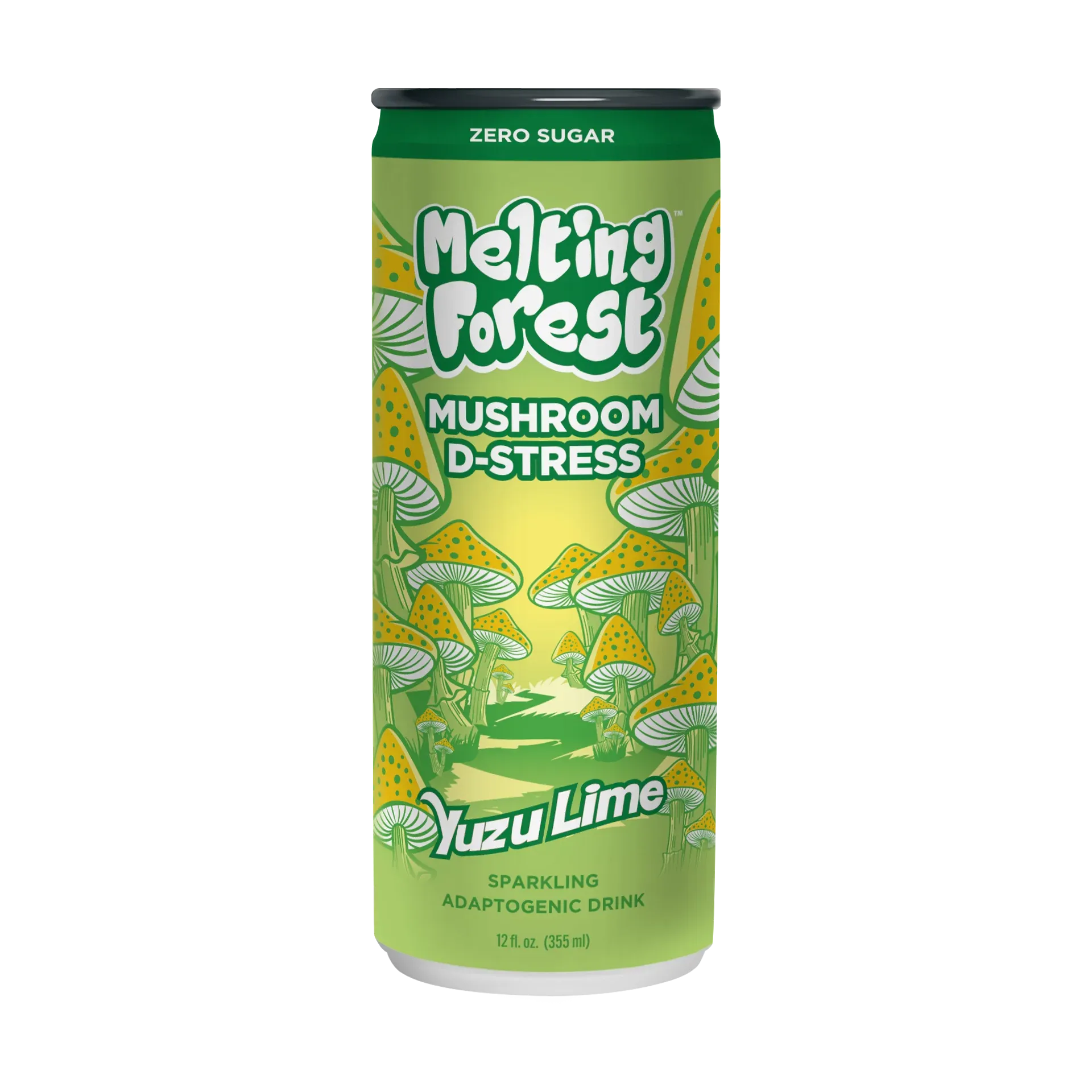 Melting Forest Mushroom D-Stress Yuzu Lime sparkling adaptogenic drink can on a white background