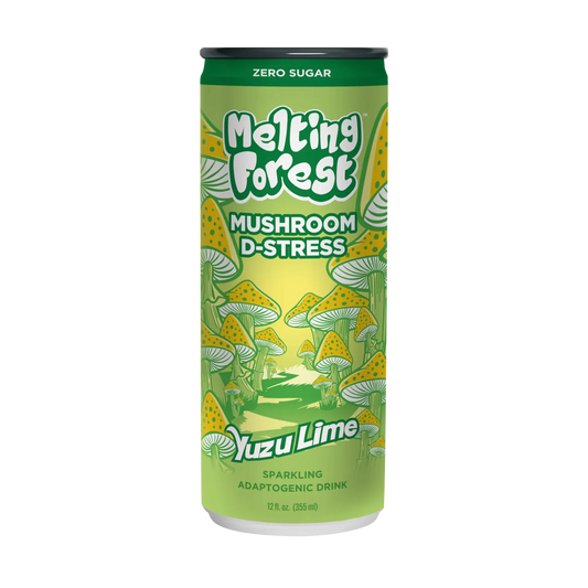 Melting Forest Mushroom D-Stress Yuzu Lime sparkling adaptogenic drink can on a white background