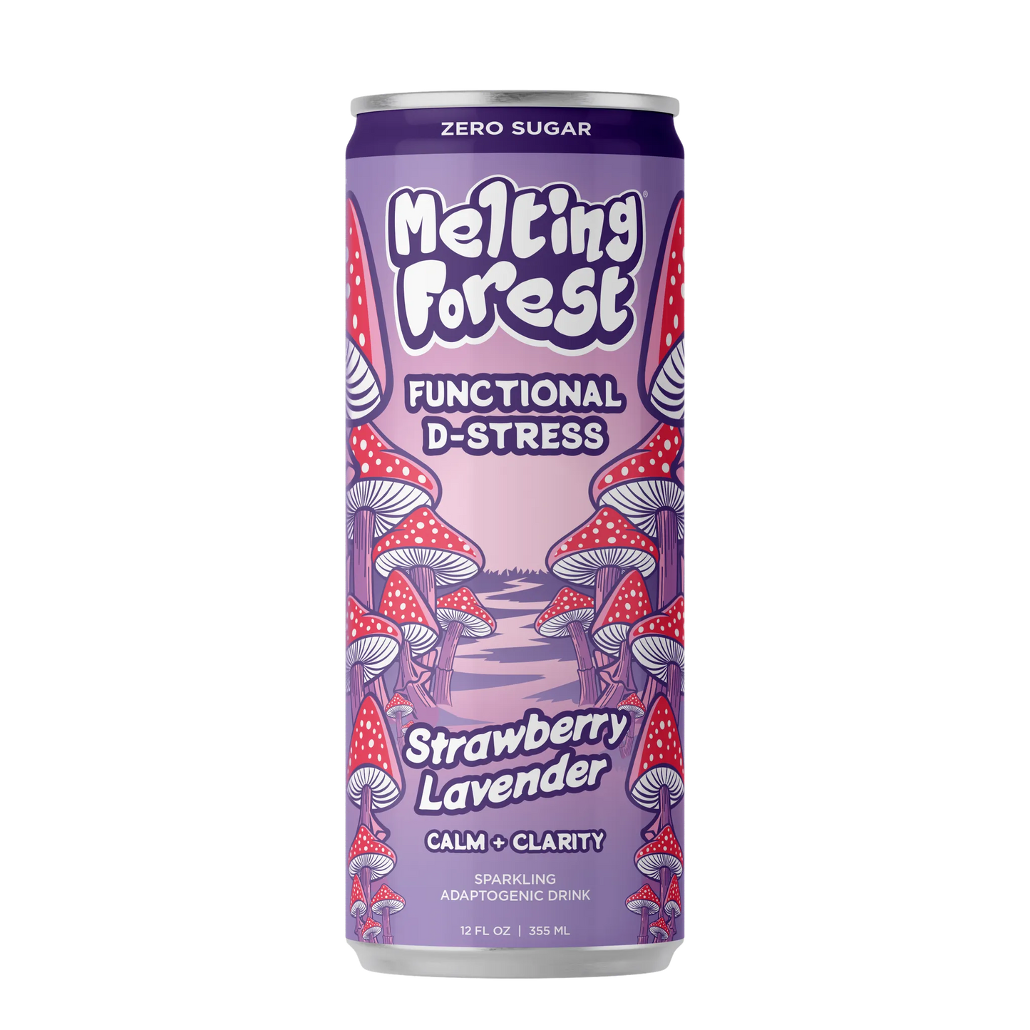 Melting Forest D-Stress drink can with strawberry lavender flavor on a white background
