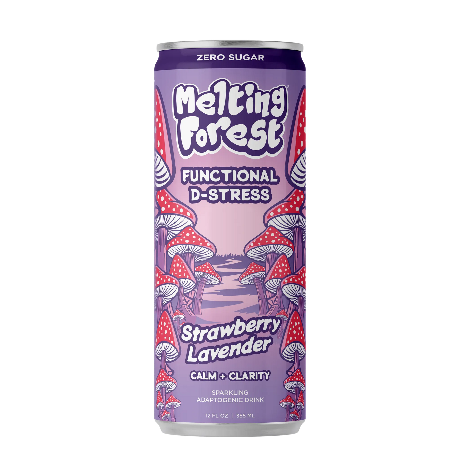 Melting Forest D-Stress drink can with strawberry lavender flavor on a white background