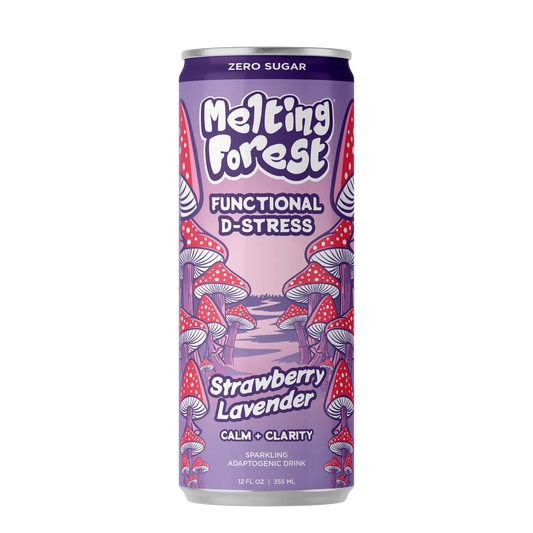 Melting Forest D-Stress drink can with strawberry lavender flavor on a white background