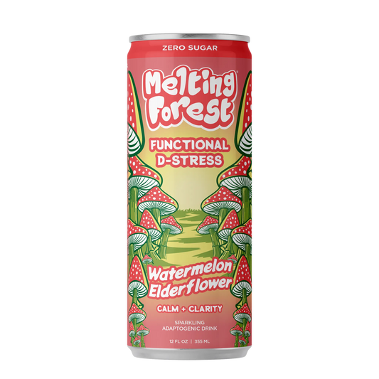 Melting Forest functional drink can with watermelon and elderflower design on a white background