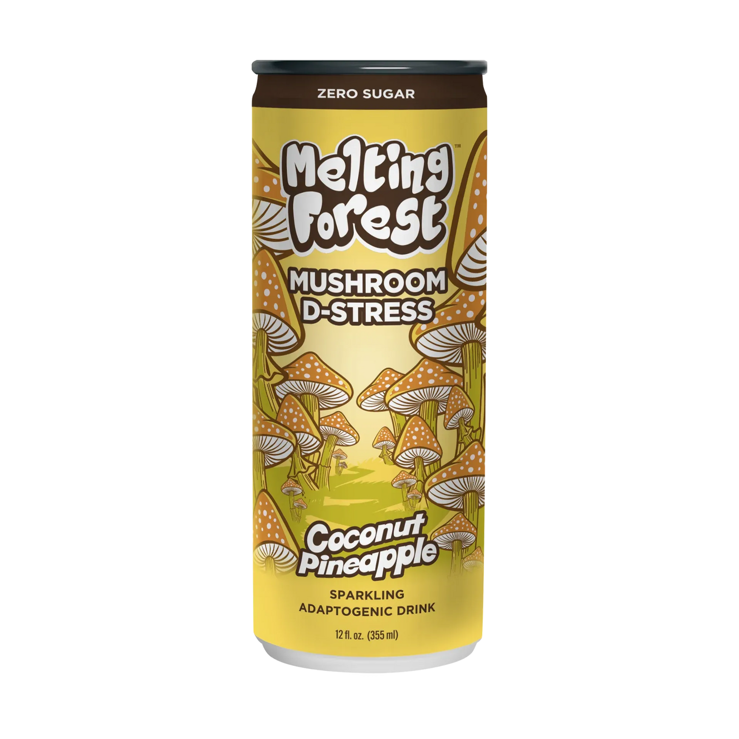 Can of Melting Forest Mushroom D-Stress drink with coconut pineapple flavor on a white background