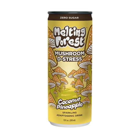 Can of Melting Forest Mushroom D-Stress drink with coconut pineapple flavor on a white background