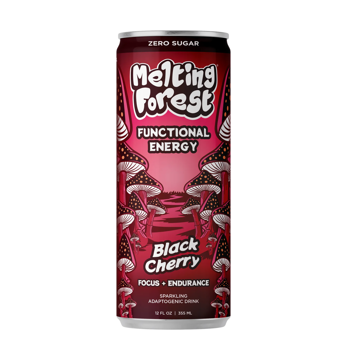 Melting Forest Black Cherry functional energy drink can on a white background