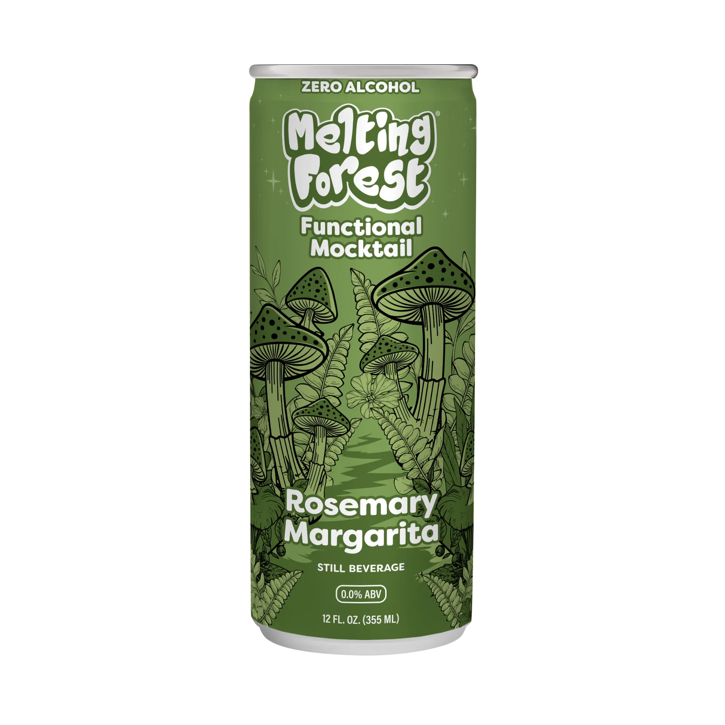 Green can of Melting Forest Rosemary Margarita mocktail on a white background