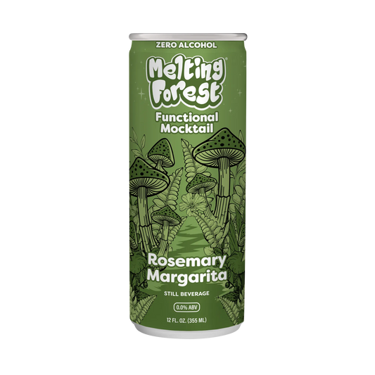 Green can of Melting Forest Rosemary Margarita mocktail on a white background