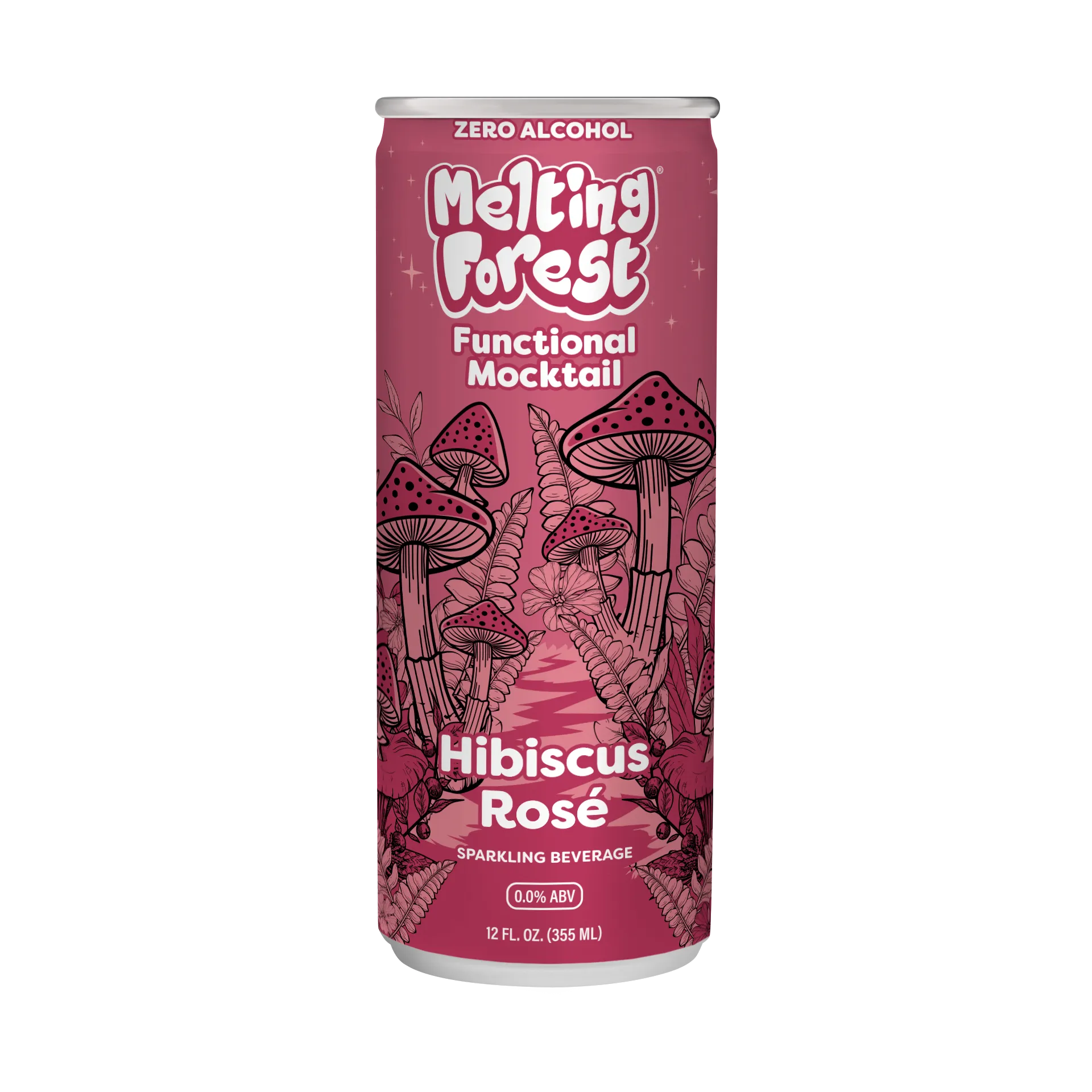 Melting Forest Hibiscus Rosé mocktail can on a white background