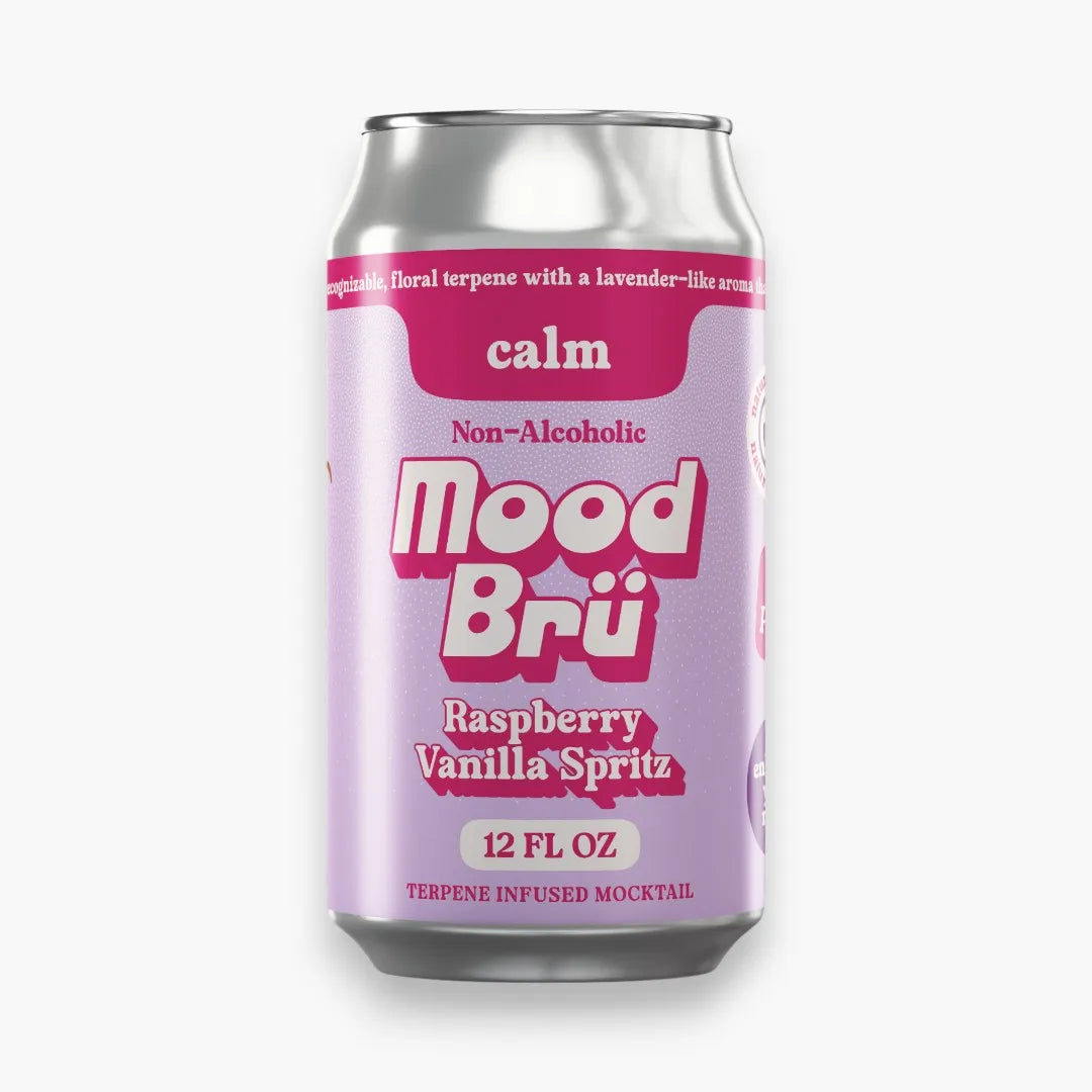 Mood Bru Raspberry Vanilla Spritz non-alcoholic drink can on a white background