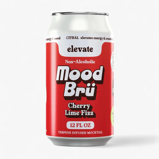 Mood Bru Cherry Lime Fizz non-alcoholic drink can on a white background