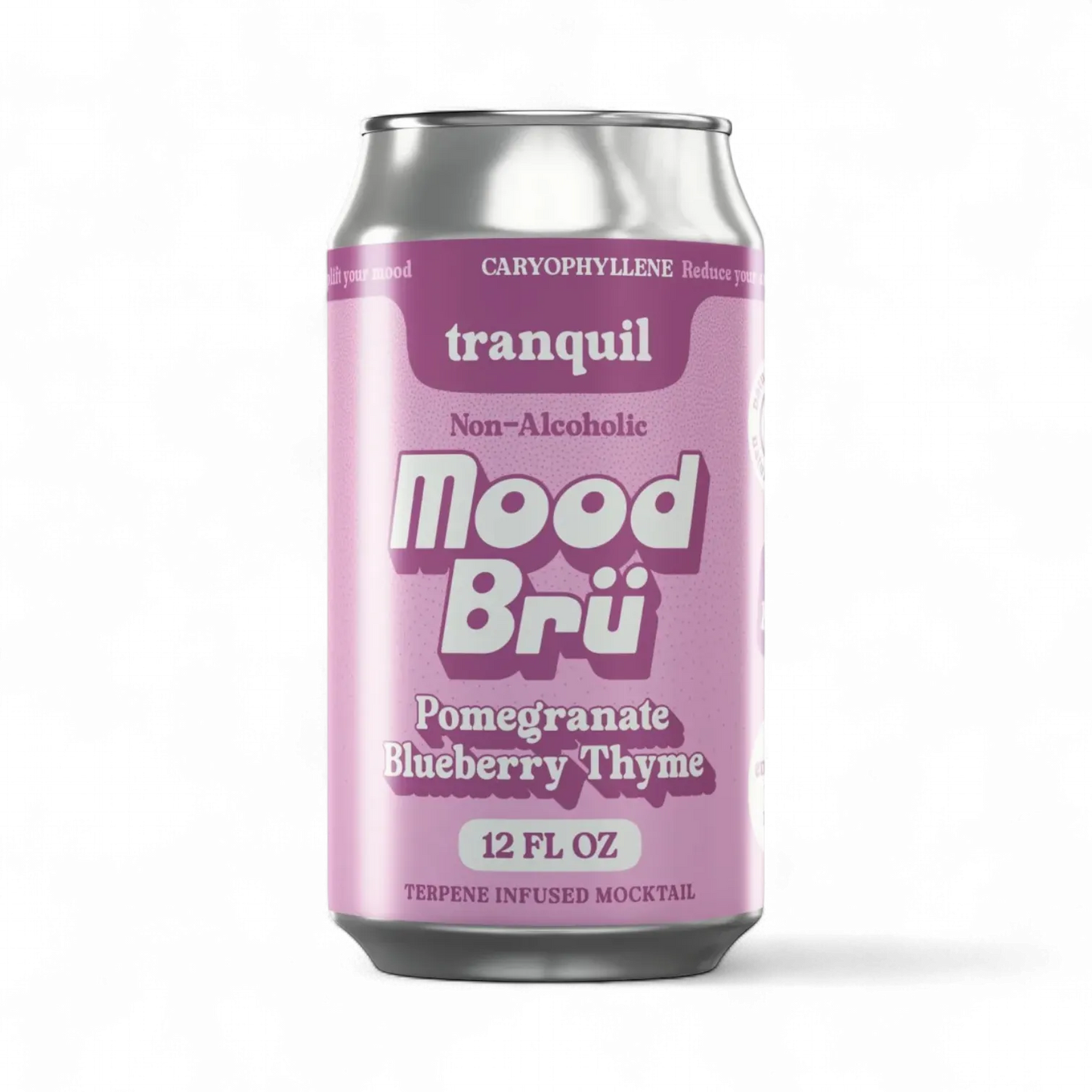 Mood Bru non-alcoholic drink can with pink label on a white background