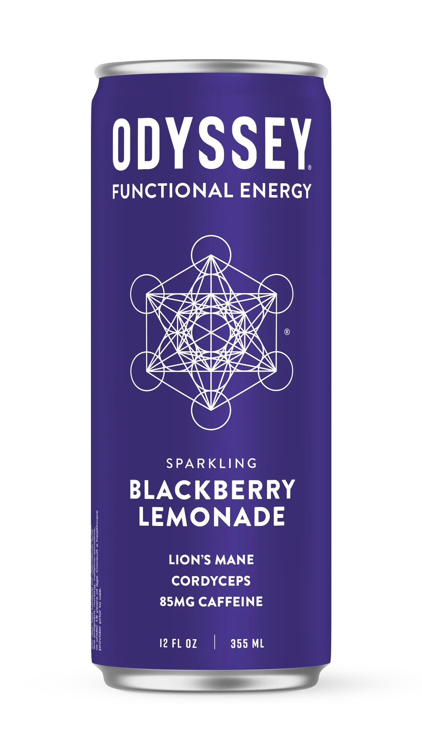 Odyssey Functional Energy drink can with blackberry lemonade flavor on a white background