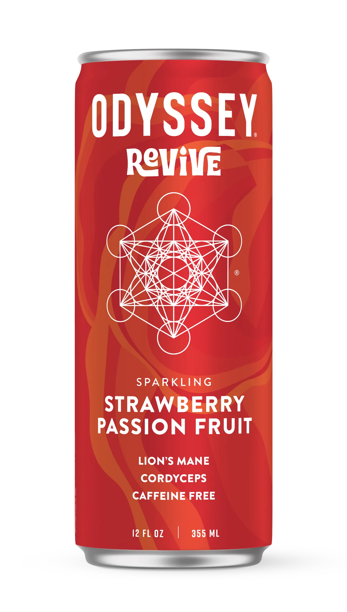 Red can of Odyssey Revive Strawberry Passion Fruit sparkling drink on a white background