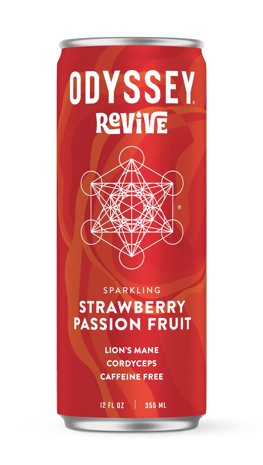 Red can of Odyssey Revive Strawberry Passion Fruit sparkling drink on a white background