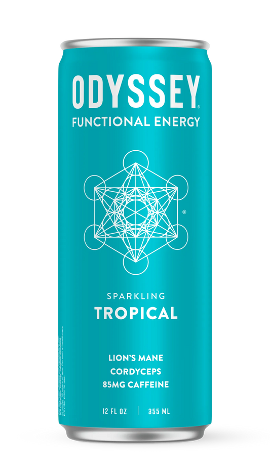 Teal can of Odyssey Functional Energy drink with a white geometric design on a white background