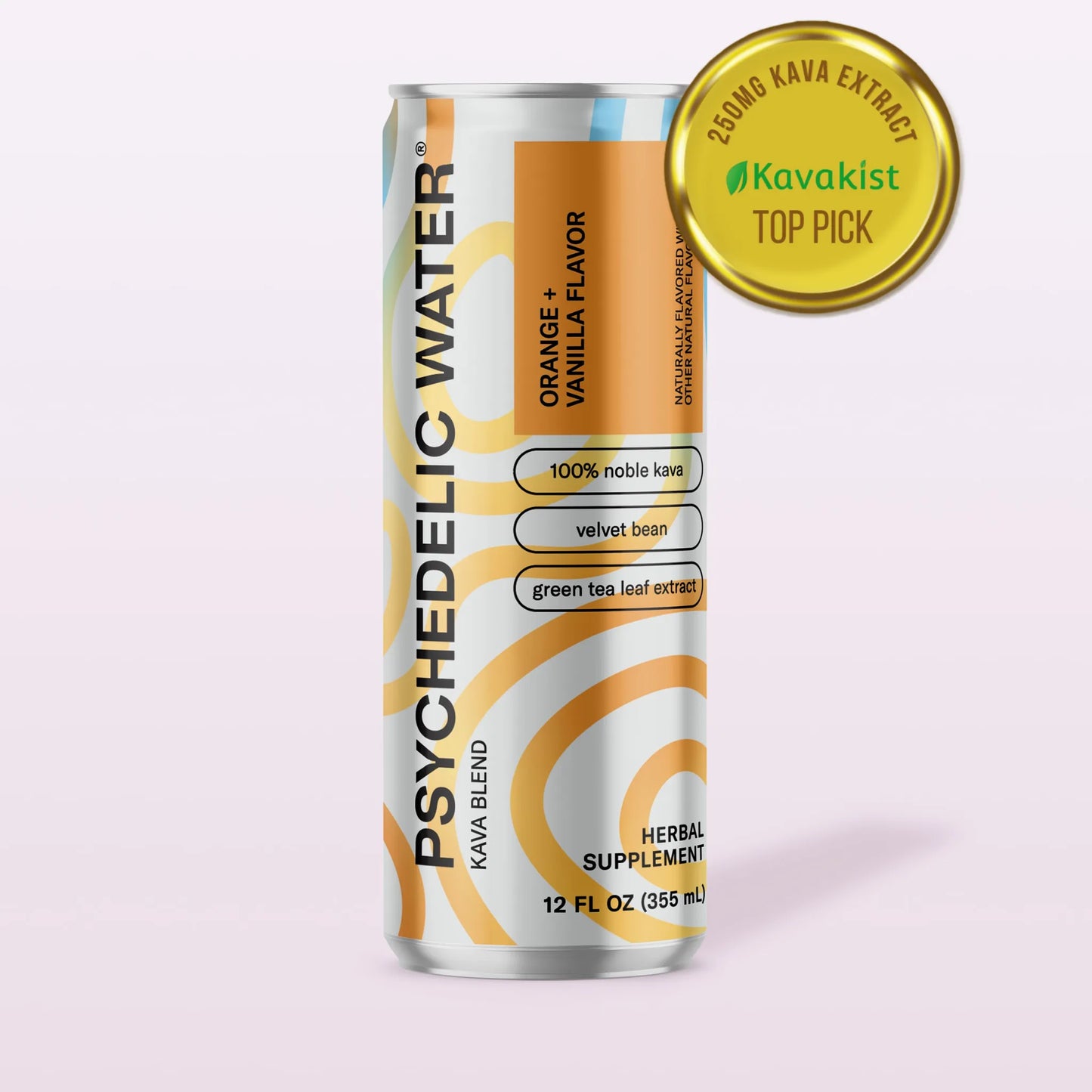 Can of Psychedelic Water with Kavakist top pick badge on a light purple background