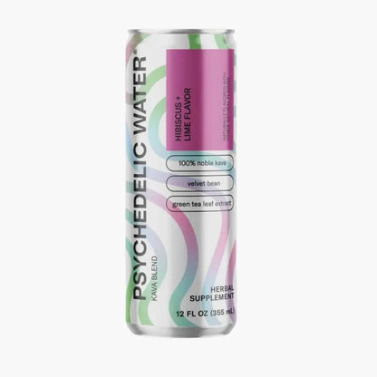 Can of Psychedelic Water with colorful label on a white background