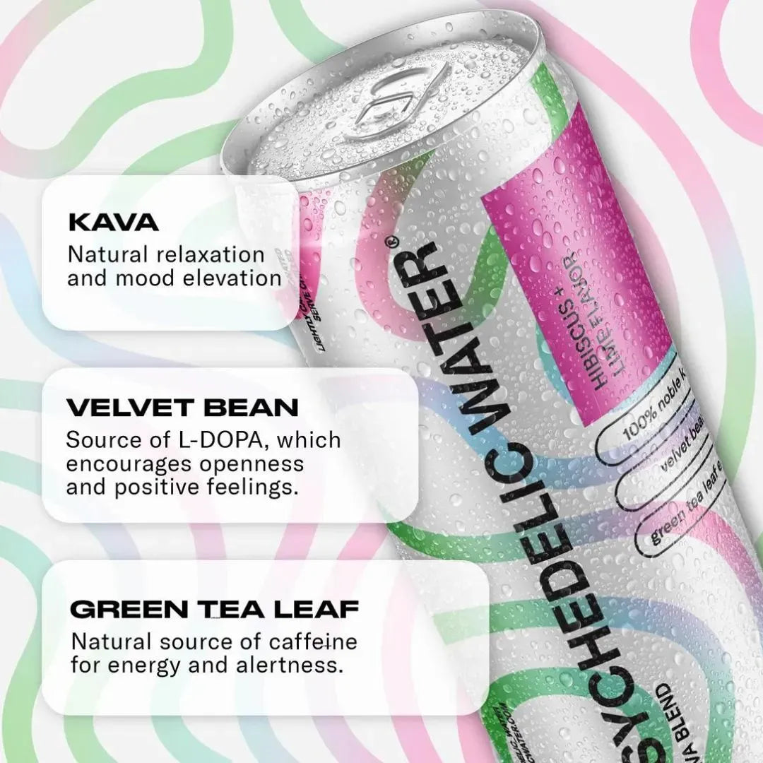 Psychedelic water can with text highlighting ingredients and effects