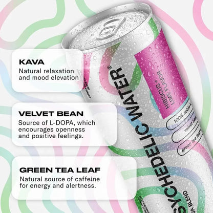 Psychedelic water can with text highlighting ingredients and effects