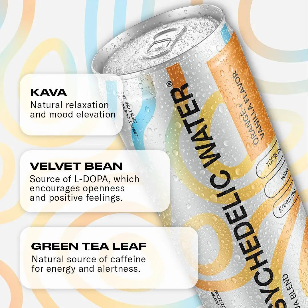 Can of psychedelic water with text about ingredients and effects on a colorful background