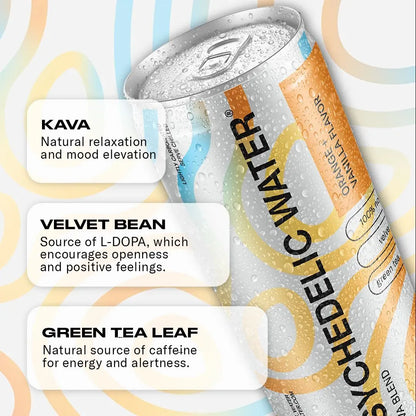 Can of psychedelic water with text about ingredients and effects on a colorful background