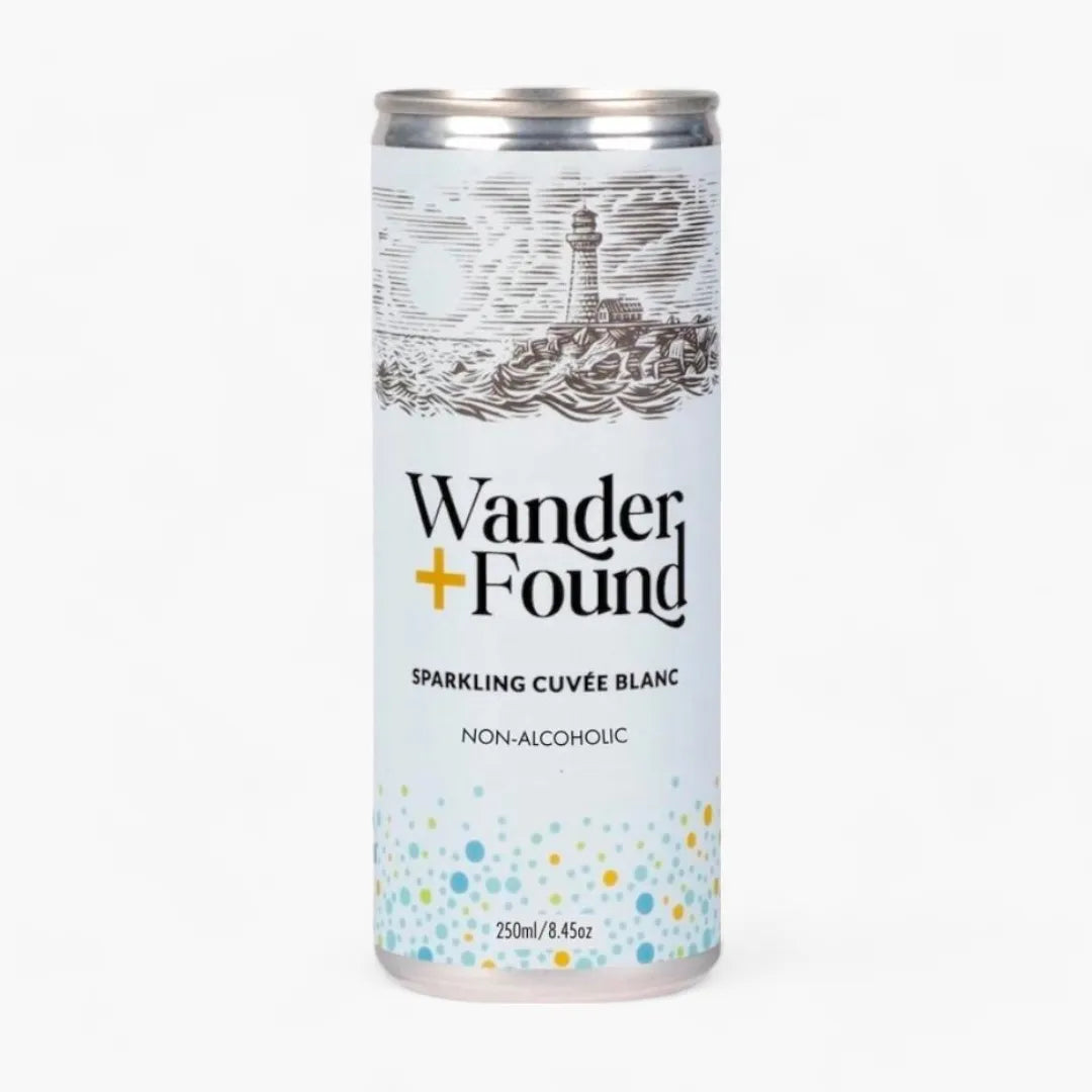 Wander Found sparkling cuvee blanc non-alcoholic can on a white background