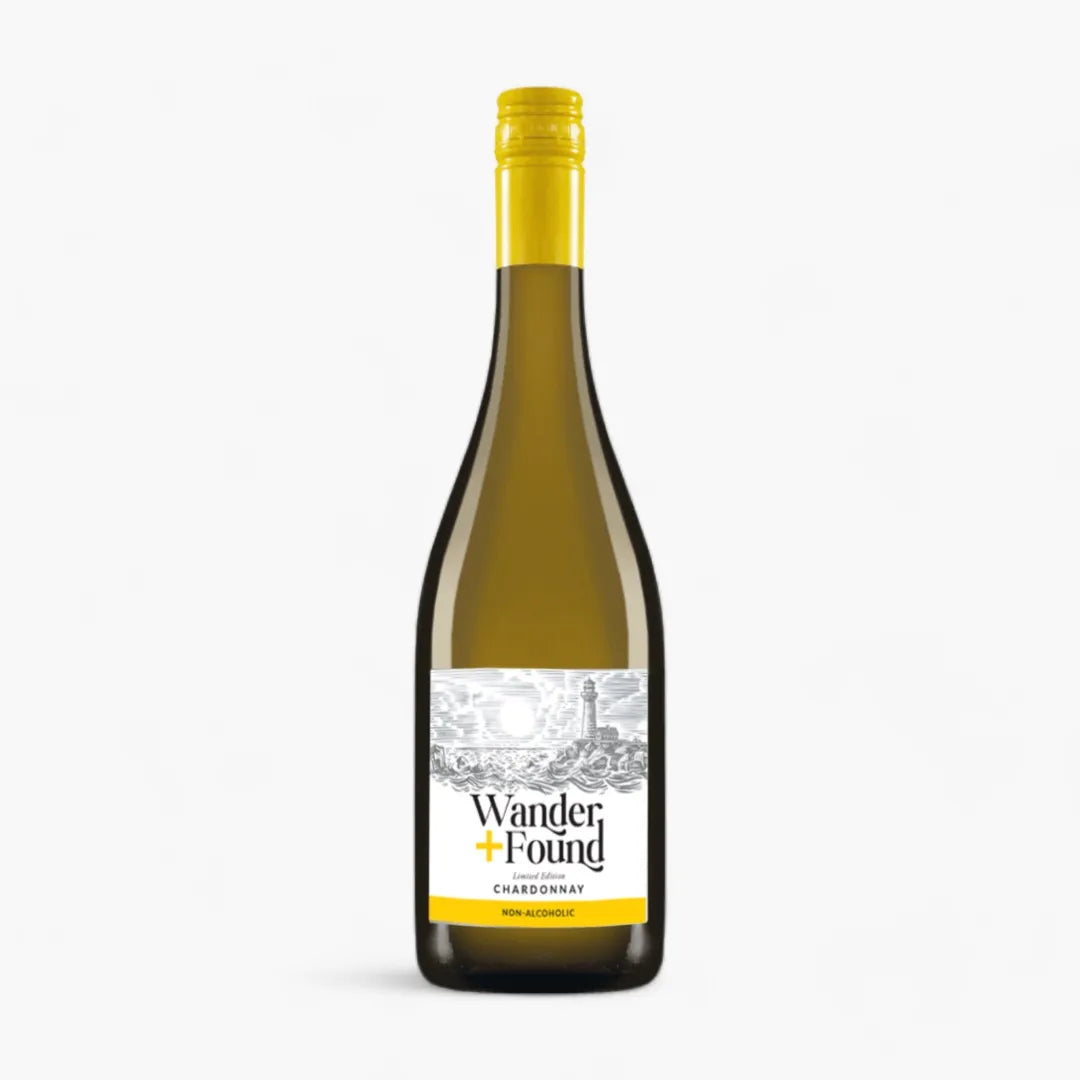 Wine bottle with 'Wander Found' label on a white background