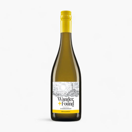 Wine bottle with 'Wander Found' label on a white background