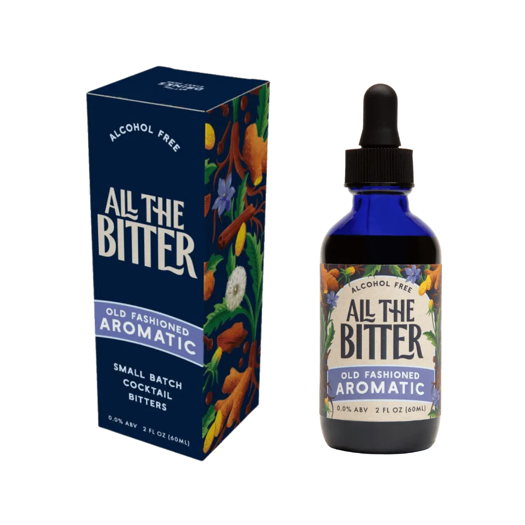 Bottle and box of 'All The Bitter' Old Fashioned Aromatic cocktail bitters on a white background